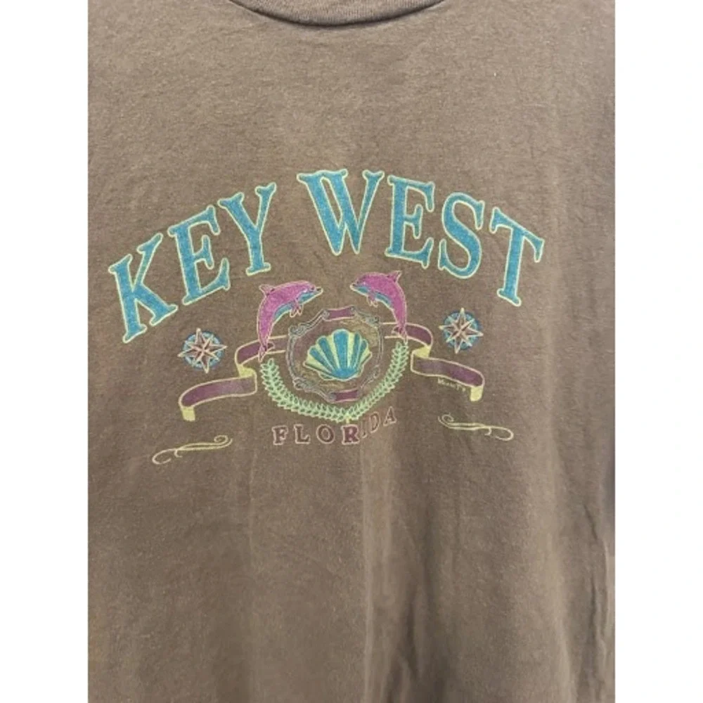 Vintage Key West Florida Dolphin Shell Graphic T-Shirt Brown Single Stitch L XL